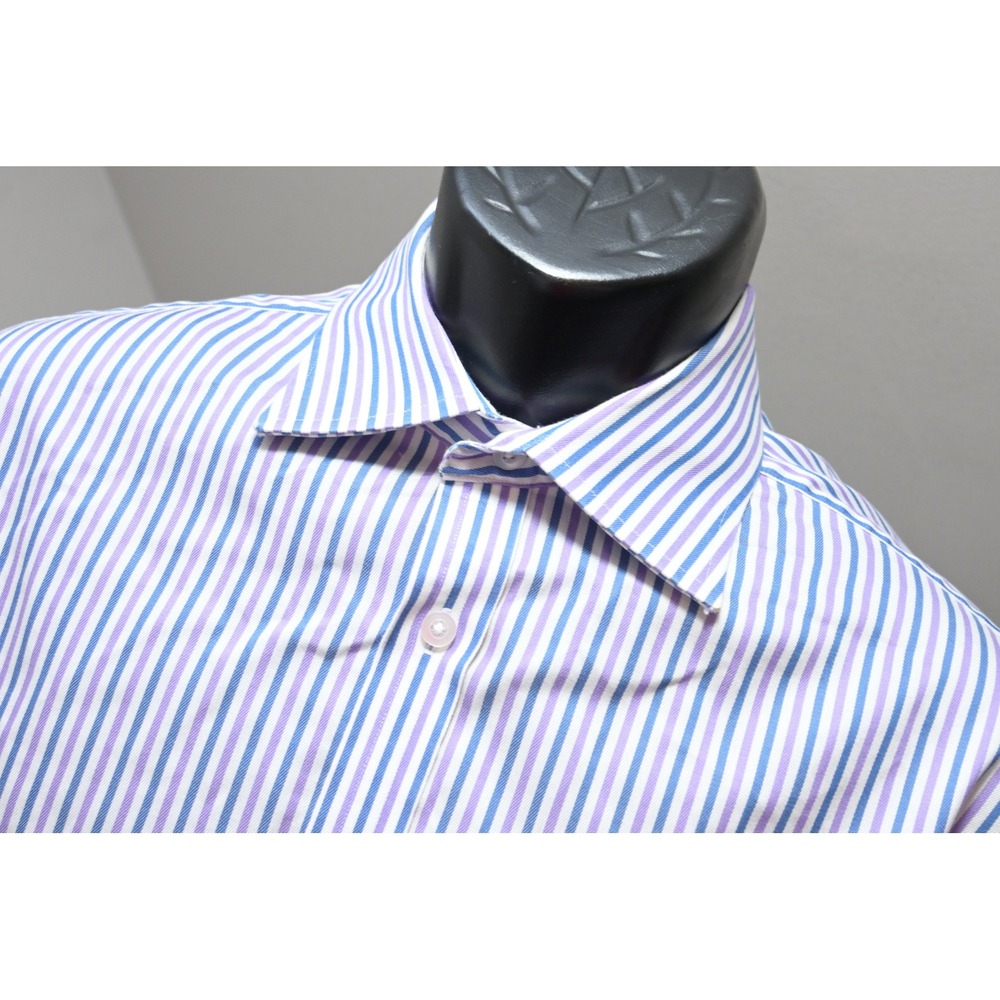 Thomas Pink Dress Shirt Mens Large 16.5-35 Blue Purple Striped Traveller EUC
